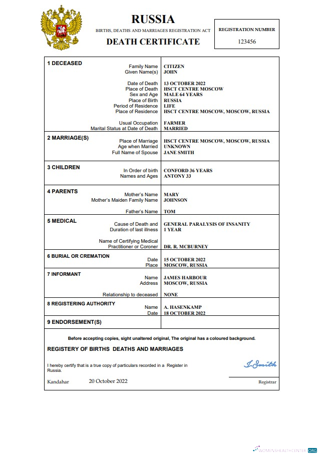 Download Russia death certificate Word and PDF template Photoshop template